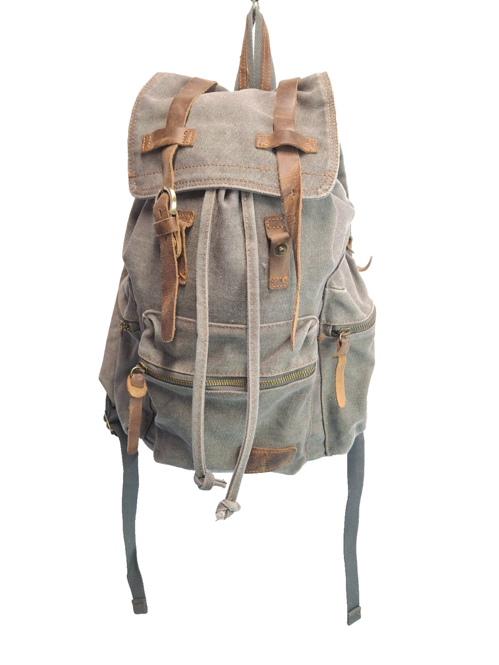 Canvas Leather Backpack Gray Brown Laptop Rucksack Fits 17” laptop